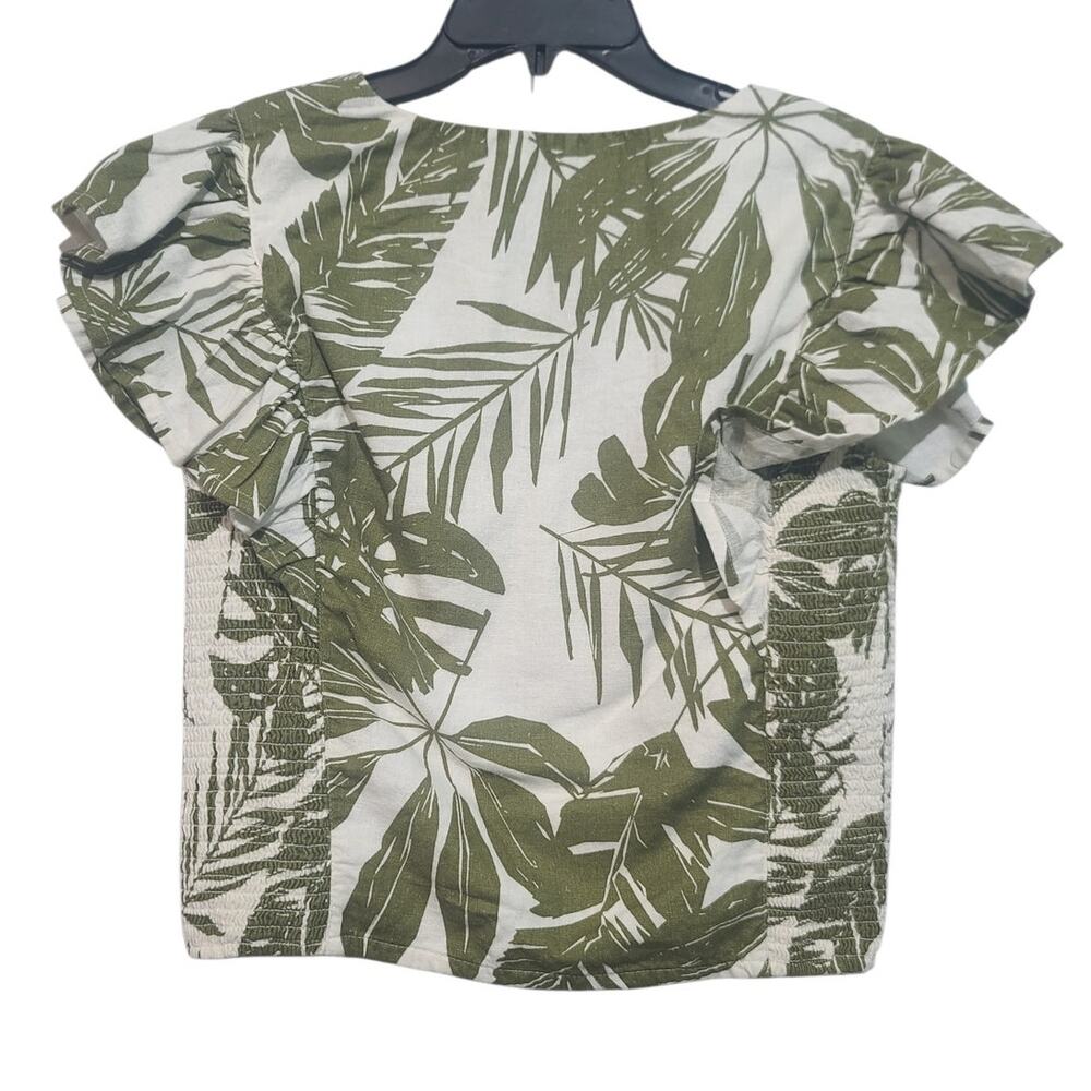 Abercrombie Blouse Large NWT Green Floral Smocked Ruffle Cap Sleeve Linen Blend - Picture 2 of 5